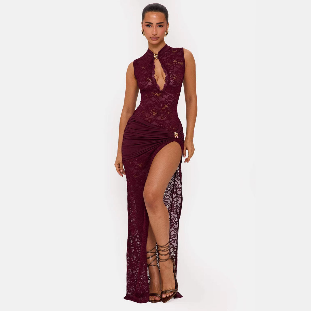 Damen Elegantes Spitzenkleid mit tiefem V-Ausschnitt und drapiertem Saum Drune