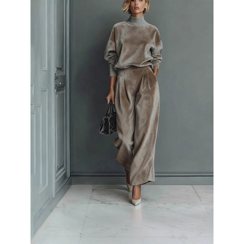 Damen Zweiteiliges Samt-Loungewear-Set mit Stehkragen und Plissee-Palazzohose Drune