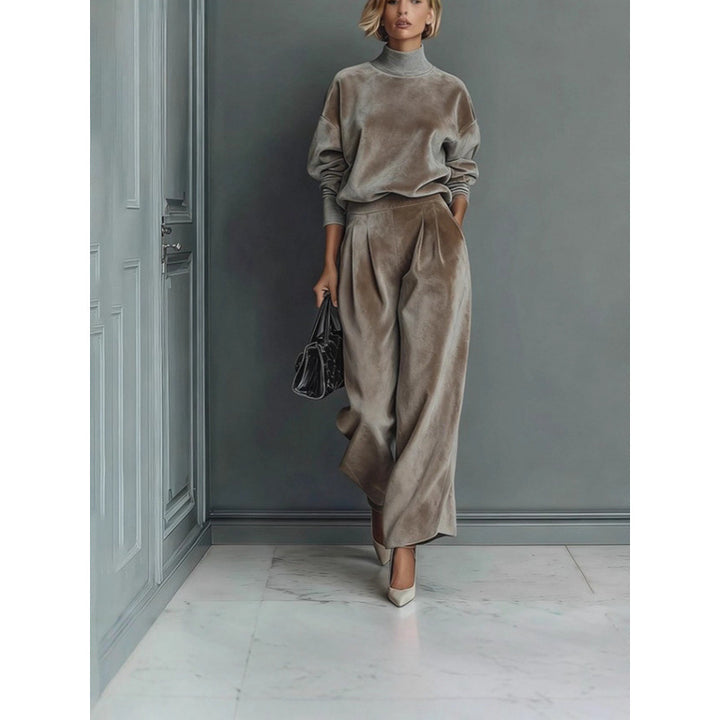 Damen Zweiteiliges Samt-Loungewear-Set mit Stehkragen und Plissee-Palazzohose Drune