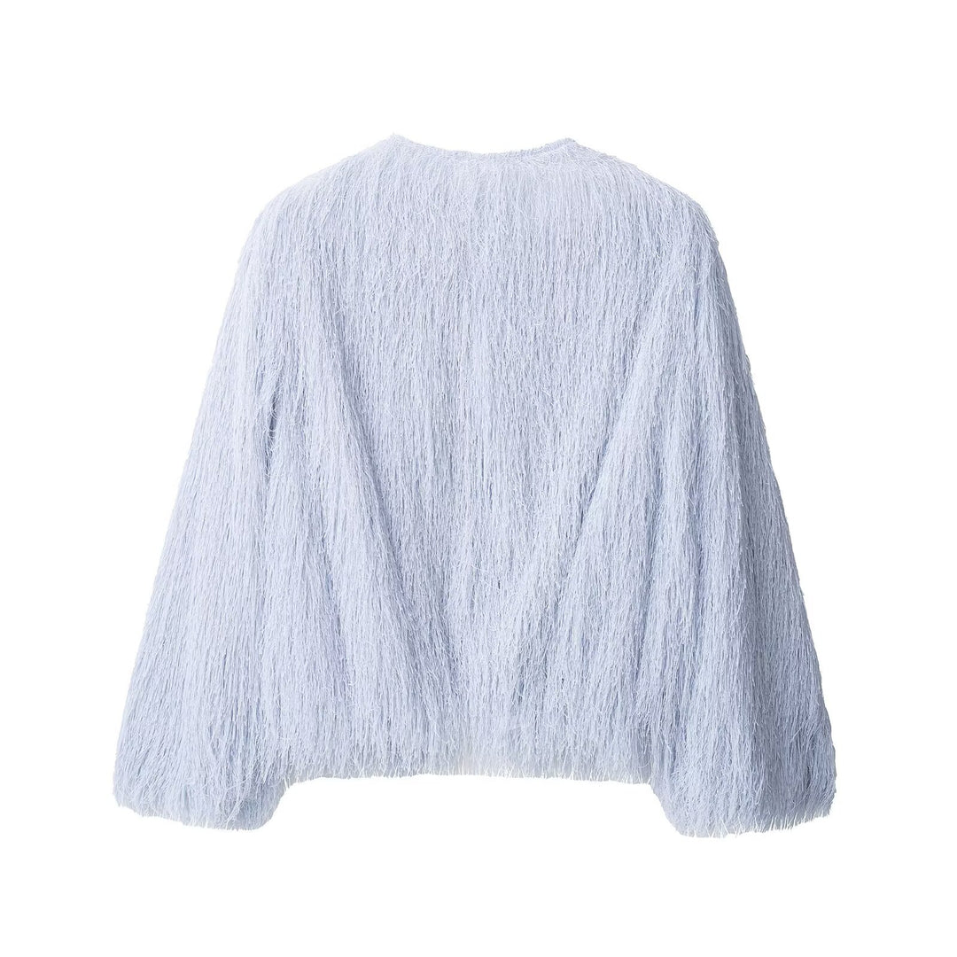 Damen Flauschige Fransenjacke mit Rundhalsausschnitt und Boxy-Schnitt Drune