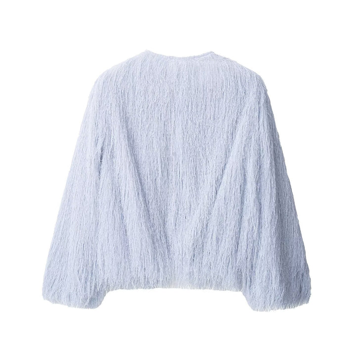 Damen Flauschige Fransenjacke mit Rundhalsausschnitt und Boxy-Schnitt Drune