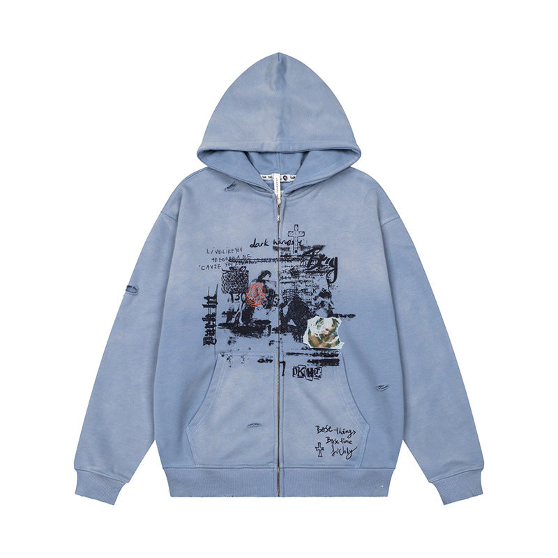 Unisex Oversize Kapuzenjacke mit Reißverschluss, Used‑Effekt, Vintage‑Print und Kängurutaschen Drune