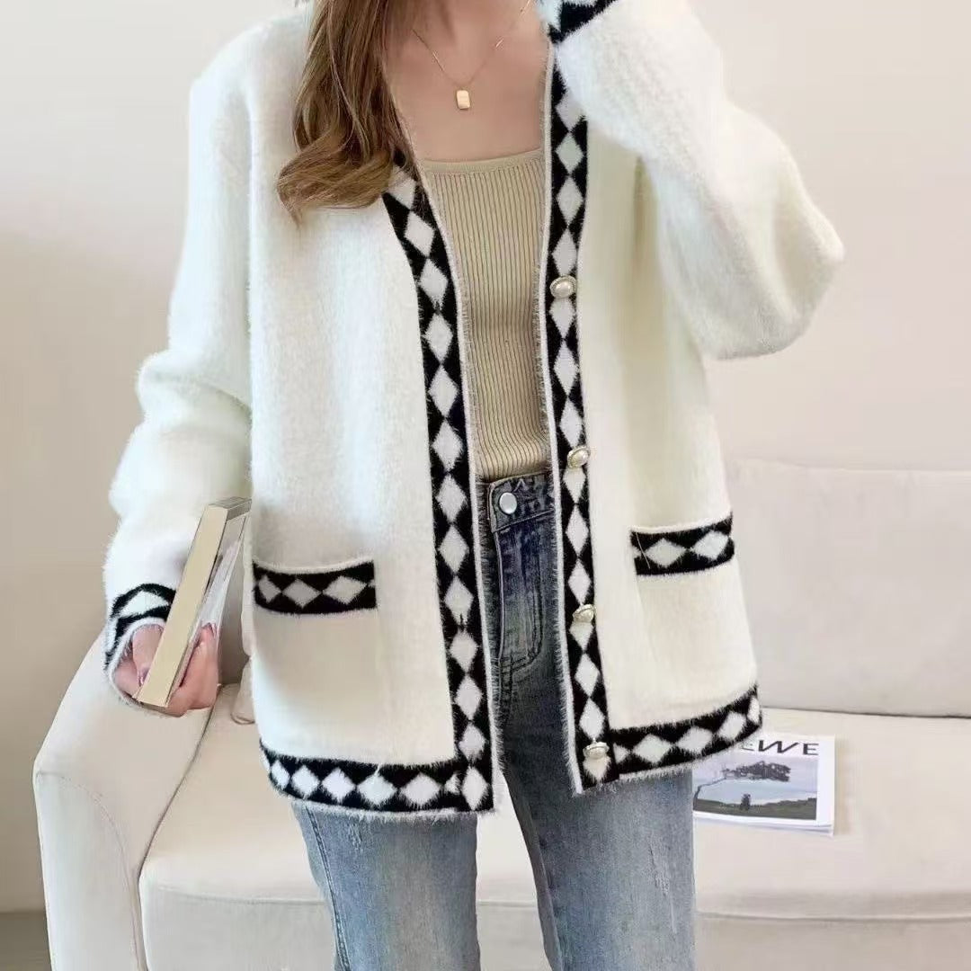 Damen Flauschige Strickjacke mit Dekorativem Muster Drune