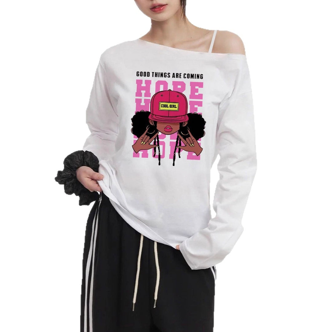 Damen nan lässiges Off-Shoulder Langarmshirt mit großflächigem Cartoon-Grafikprint und elastischem Baumwollmix Drune