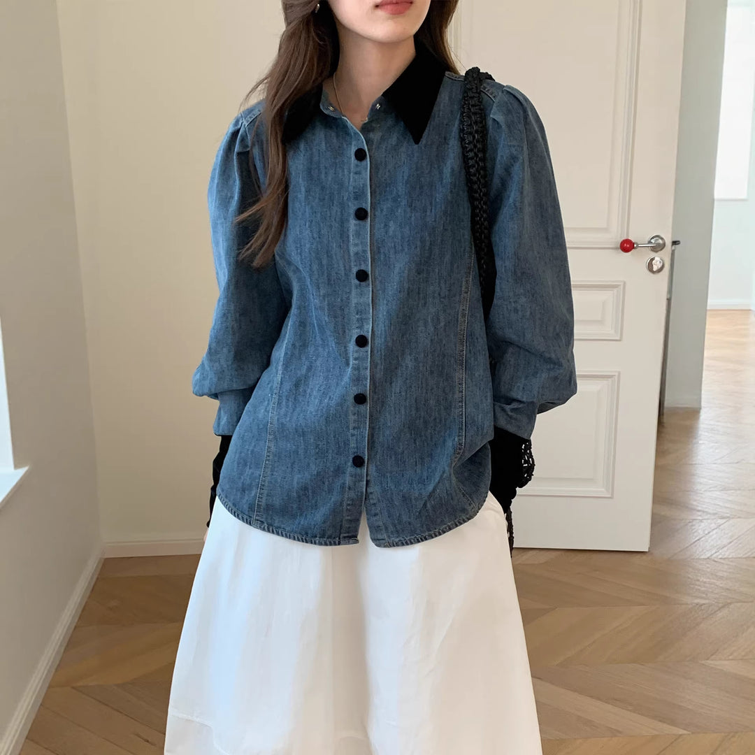 Damen Denimbluse mit Elegantem Kragen Drune