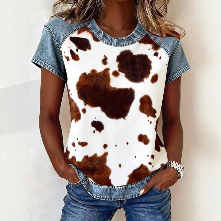 Damen Kurzarmshirt mit Jeans-Einsätzen und Teddy-Patchprint Drune