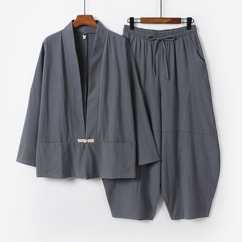 Herren Kimono-Loungewear-Set mit kurzem Schalkragen und weiten Harem-Bundhosen Drune