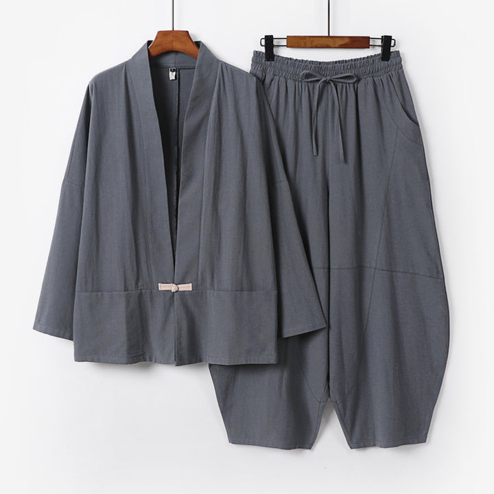 Herren Kimono-Loungewear-Set mit kurzem Schalkragen und weiten Harem-Bundhosen Drune
