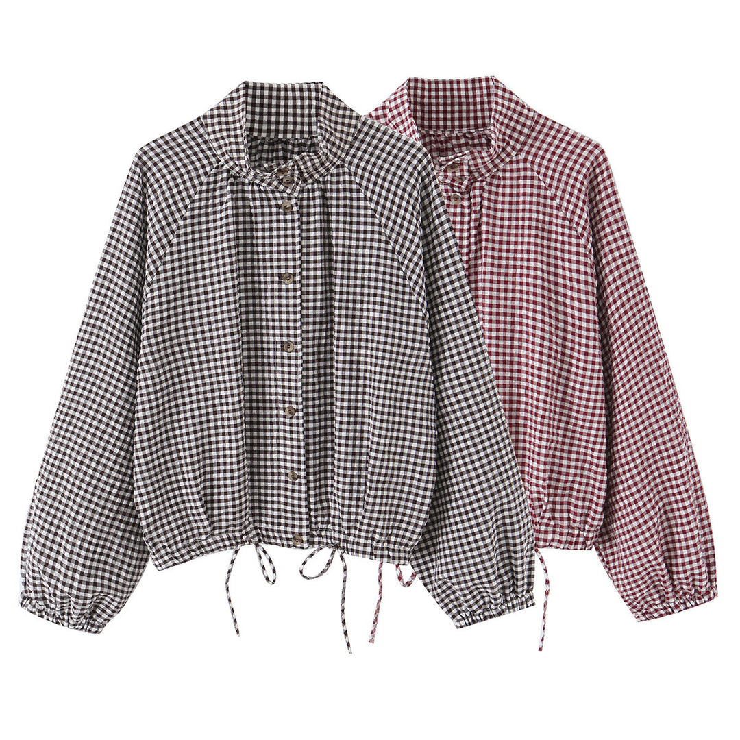 Damen Karierter Gingham-Blouson mit Tunnelzug-Saum, Raglanärmeln und Stehkragen Drune