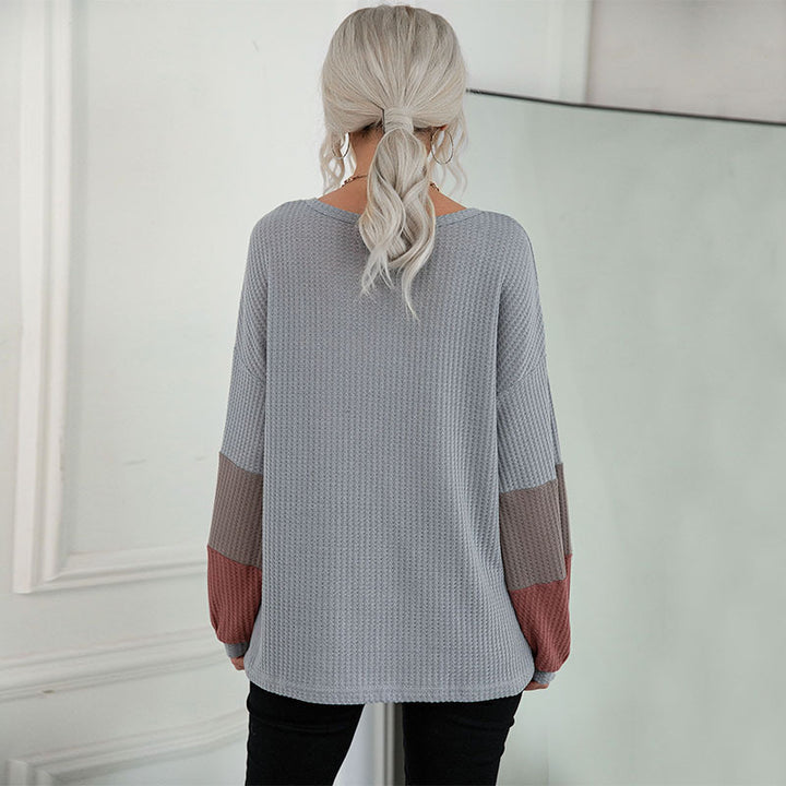 Damen Legeres Waffelstrick-Tunika-Shirt mit V‑Ausschnitt und Colorblock-Ärmeln Drune