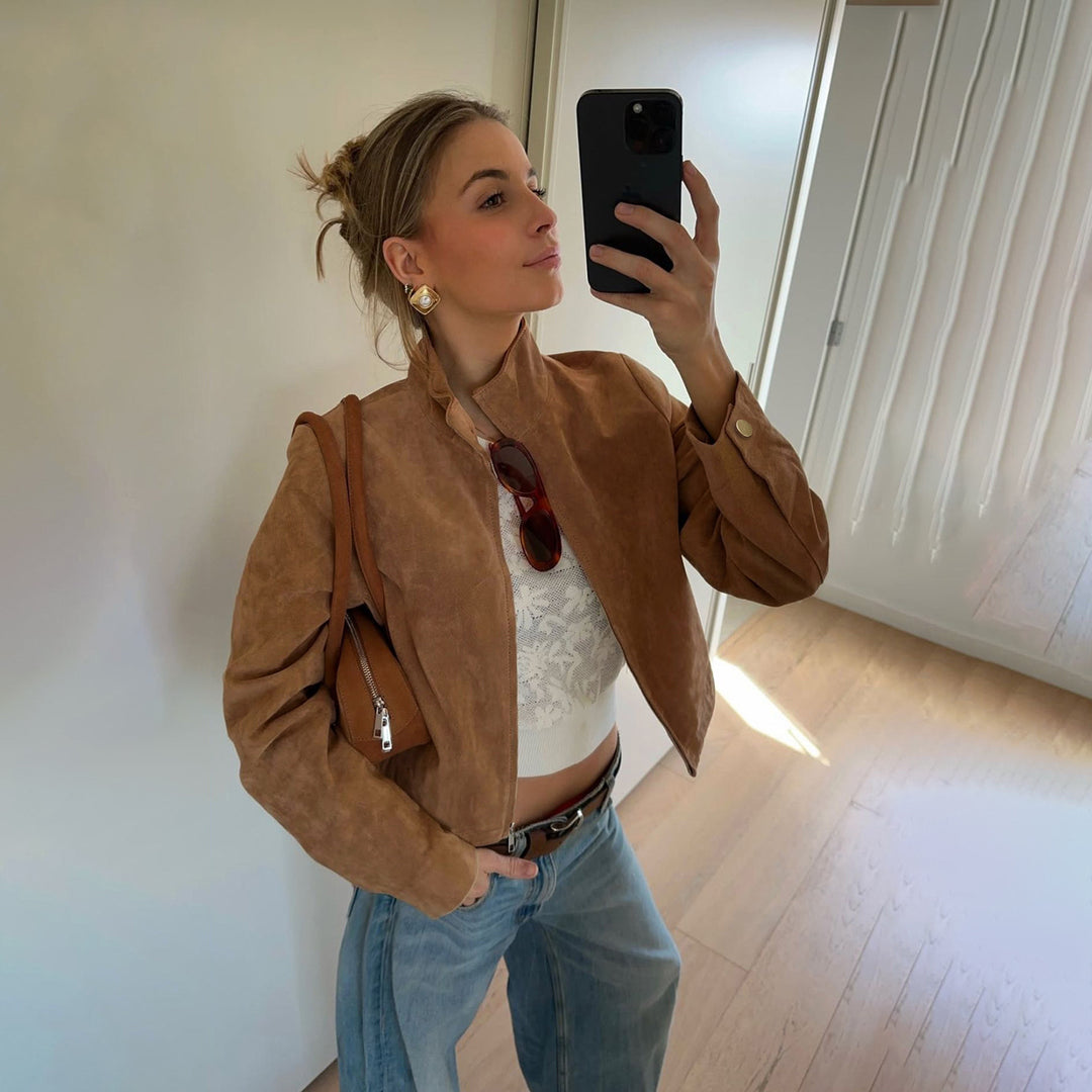 Damen Kurzgeschnittene Wildlederoptik Blousonjacke mit Hemdkragen und Reißverschluss Drune