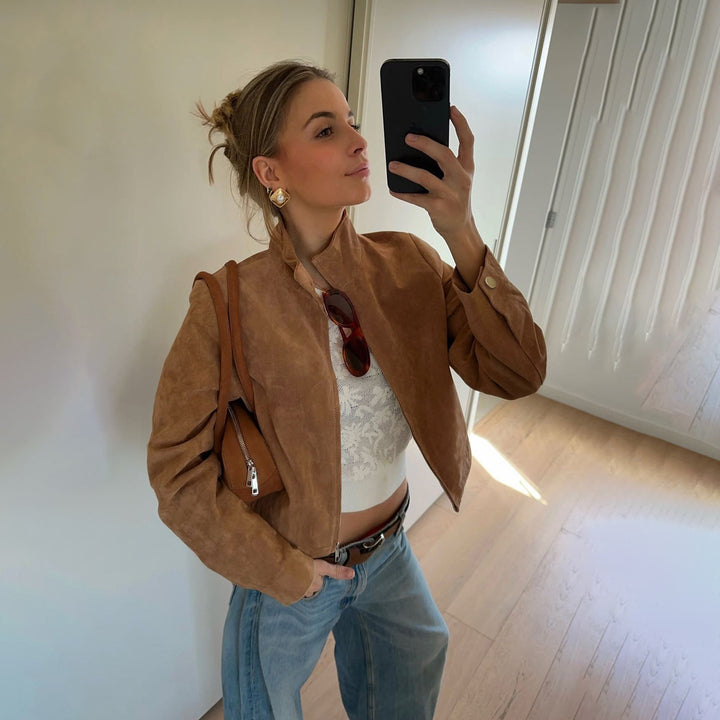 Damen Kurzgeschnittene Wildlederoptik Blousonjacke mit Hemdkragen und Reißverschluss Drune