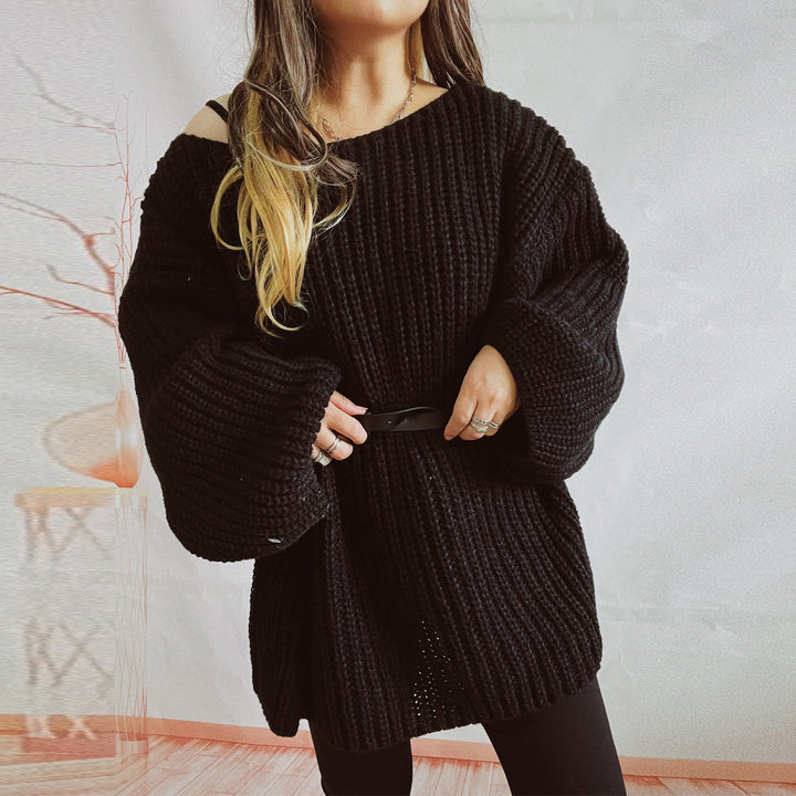 Damen lässiger Strickpullover mit weitem Schnitt und überschnittenen Schultern Drune