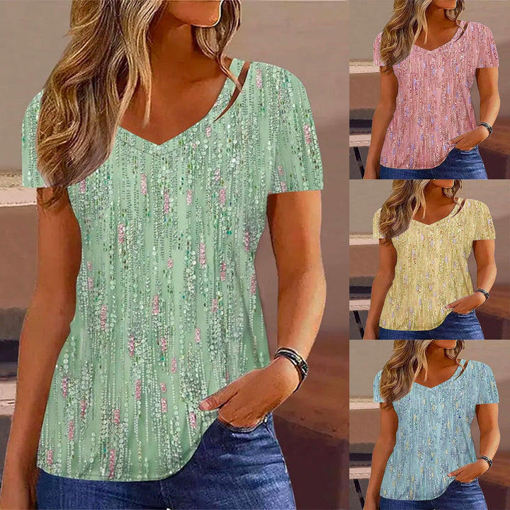 Damen V-Ausschnitt T-Shirt mit Glitzer-Detail und lockerer Passform Drune