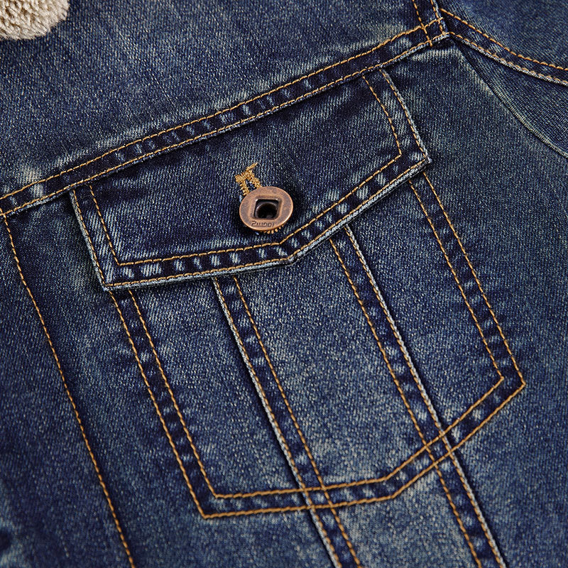 Herren Thermo-Denimjacke im Truckerstil mit vollem Teddyfleece-Innenfutter und hohem Umlegekragen Drune