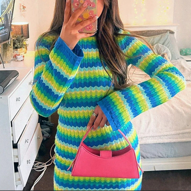 Damen Strickkleid mit Wellenmuster und langen Ärmeln Drune