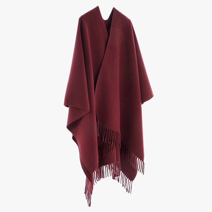 Damen Minimalistischer Wickel‑Capeponcho aus Wollmix mit V‑Ausschnitt und zartem Fransensaum Drune