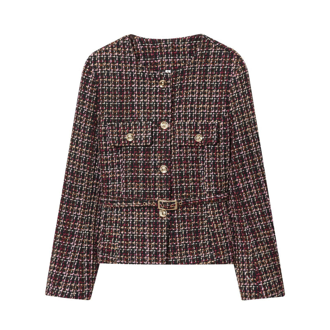 Damen Elegante Tweedjacke mit dekorativen Knöpfen und abnehmbaren Taillengürtel Drune