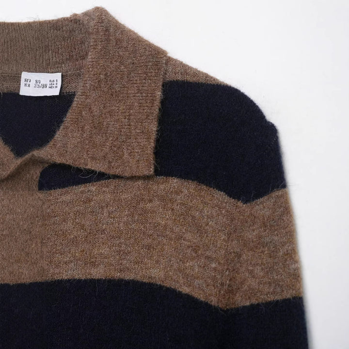 Damen gestreifte kuschelige Strickjacke mit Hemdkragen und durchgehender Knopfleiste Drune