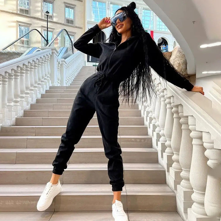 Damen Jumpsuit mit hohem Kragen und elastischem Bund Drune