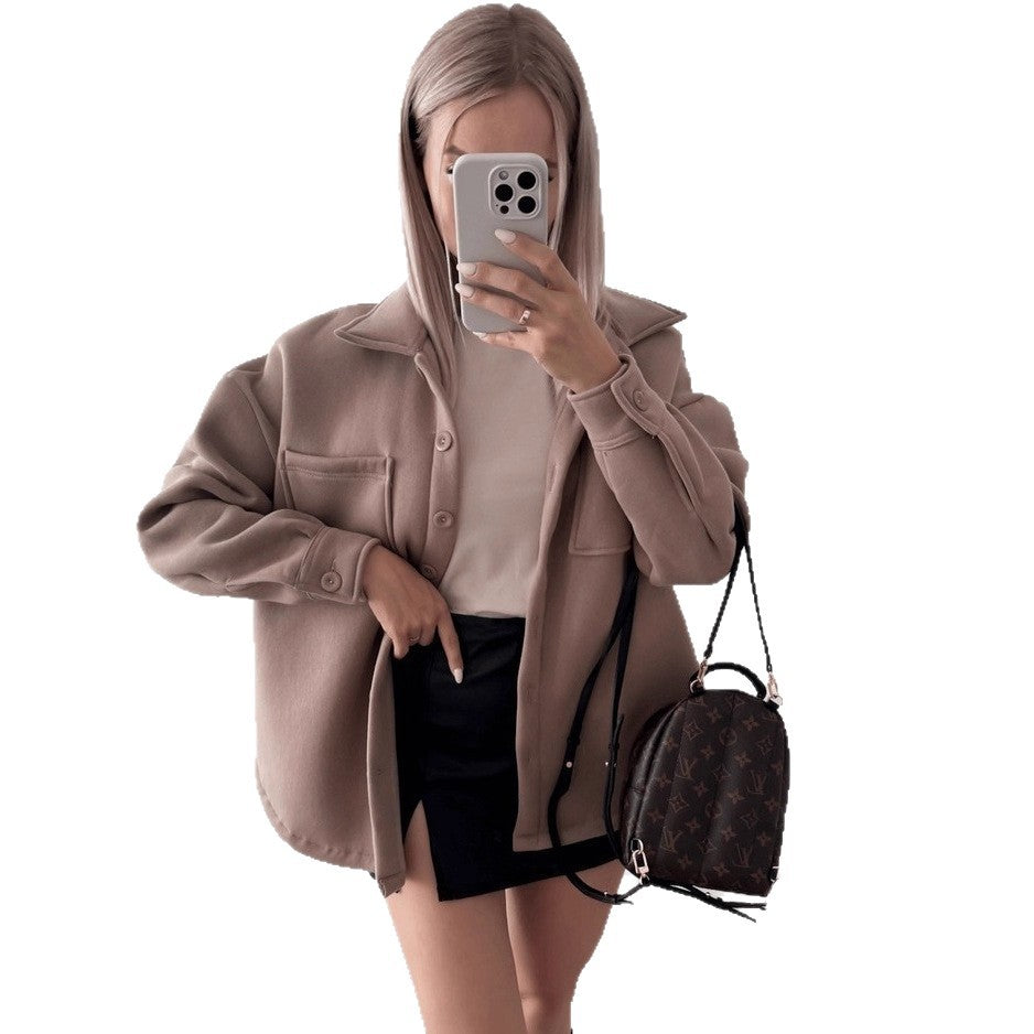 Damen Oversized Hemdjacke Shacket aus weichem Wollmix mit aufgesetzten Brusttaschen Drune