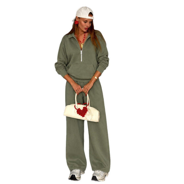 Damen lässiges Zip-Sweatset mit Polokragen und weitem Jogger-Schnitt Drune