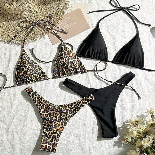 Damen Triangel-Bikini mit verspieltem Leopardenmuster und modischen Trägern Drune