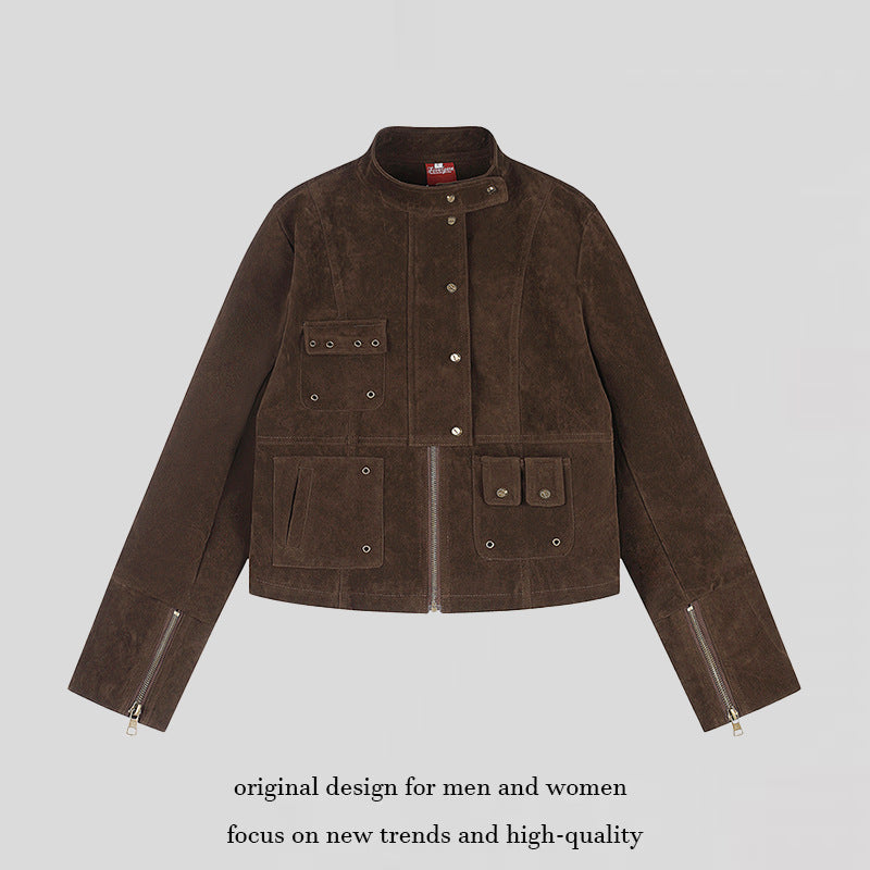 Damen kurze Wildleder-Utilityjacke mit Stehkragen, Mehrfachtaschen und Reißverschluss Drune