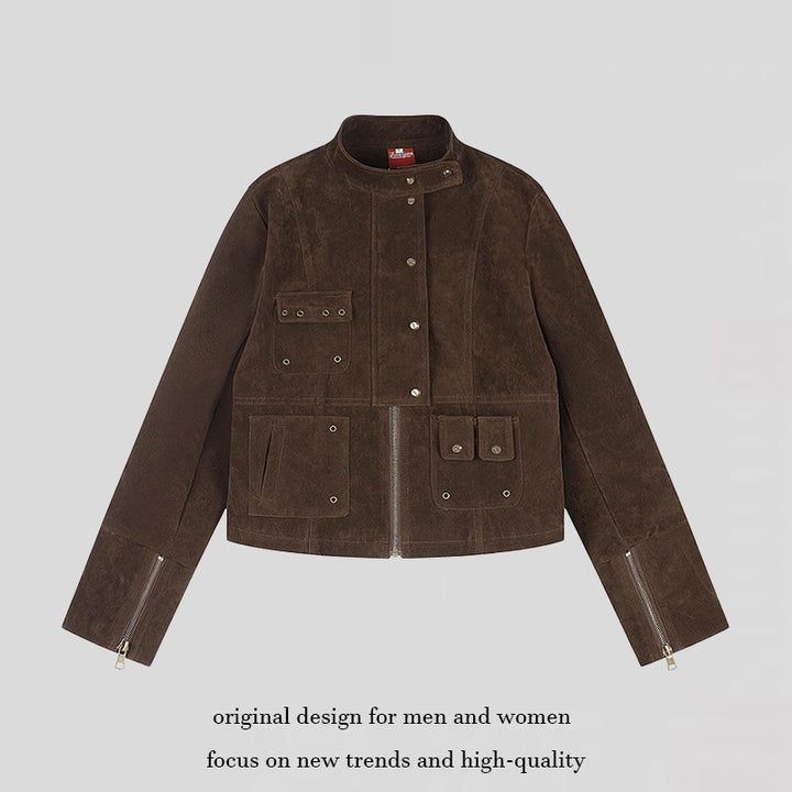Damen kurze Wildleder-Utilityjacke mit Stehkragen, Mehrfachtaschen und Reißverschluss Drune