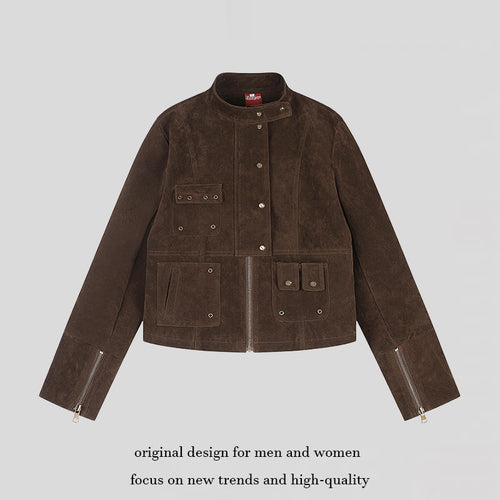 Damen kurze Wildleder-Utilityjacke mit Stehkragen, Mehrfachtaschen und Reißverschluss Drune