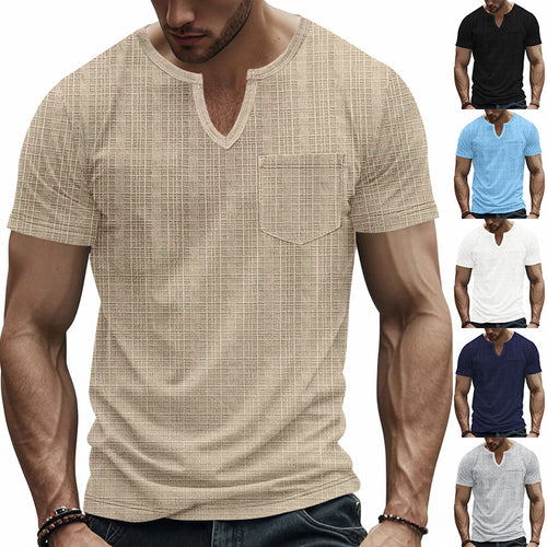 Herren nan Kurzarmshirt mit V-Schlitz-Ausschnitt und aufgesetzter Brusttasche aus strukturiertem Jersey Drune