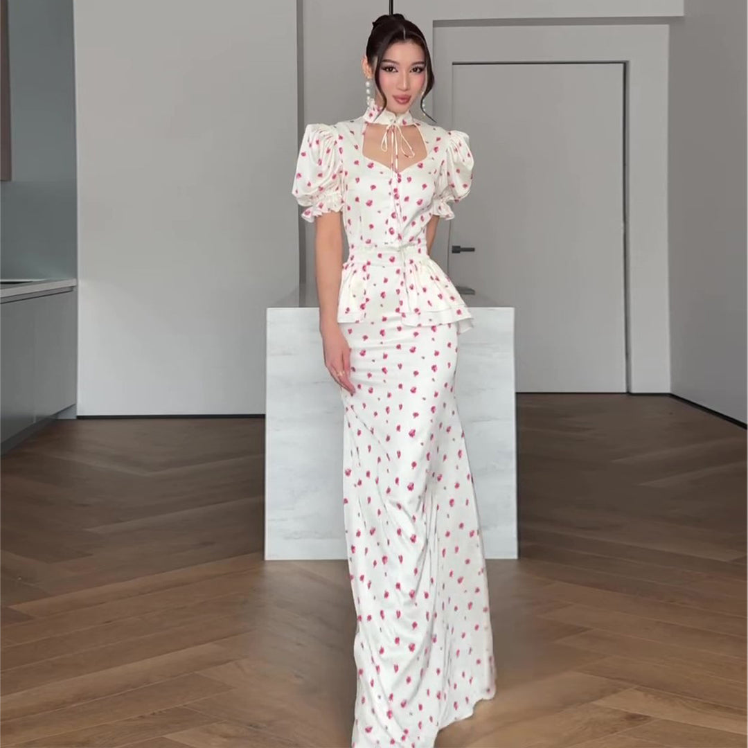 Damen Maxikleid mit romantischem Puffärmel-Design und verspieltem Rüschensaum Drune