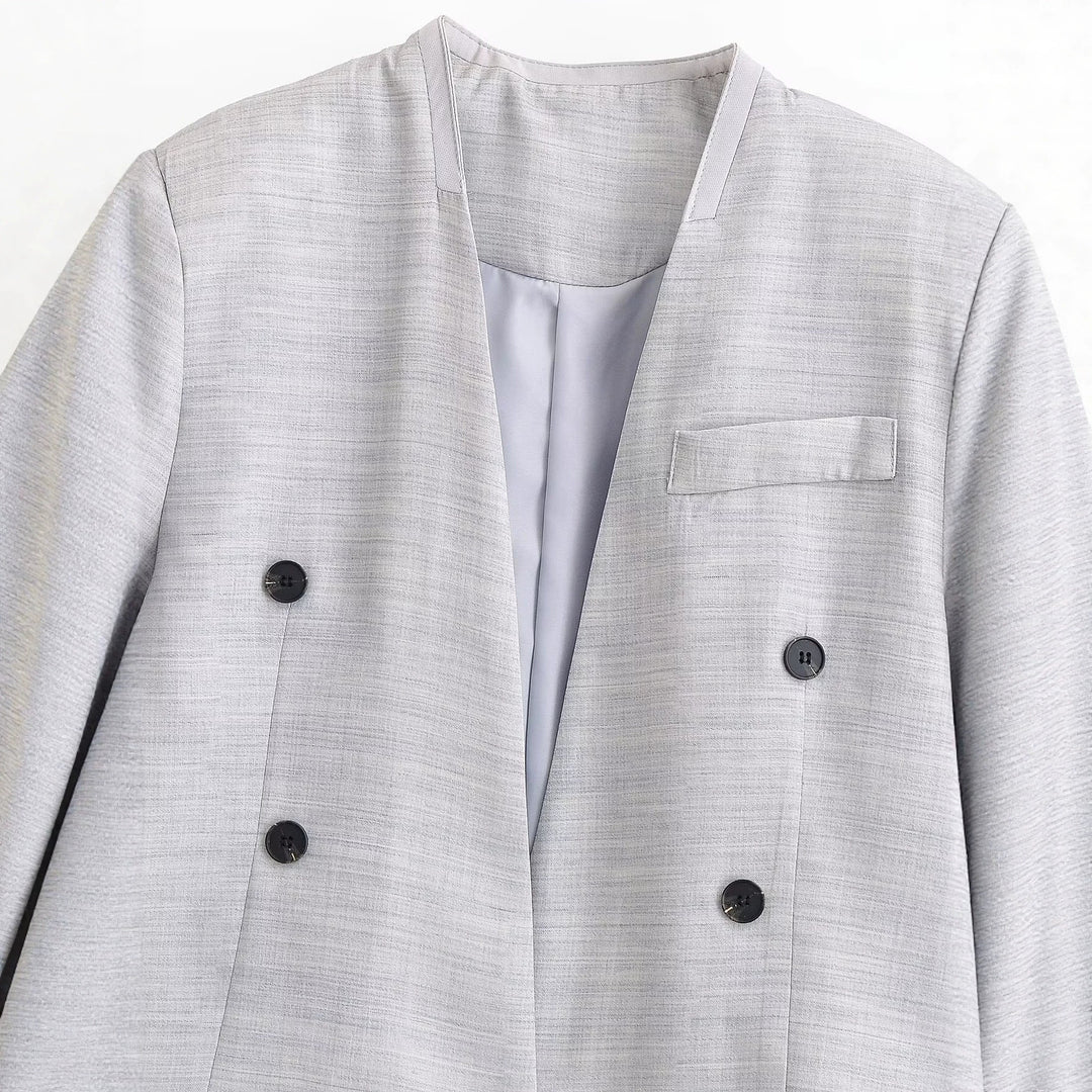 Damen kragenloser Cropped-Blazer mit kastiger Silhouette und Doppelknopfreihe Drune