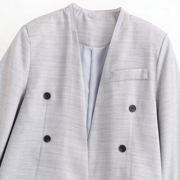 Damen kragenloser Cropped-Blazer mit kastiger Silhouette und Doppelknopfreihe Drune