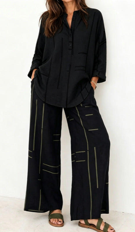 Damen Lockeres Hemdblusen- und Palazzo-Hose-Set aus Leinenoptik Drune
