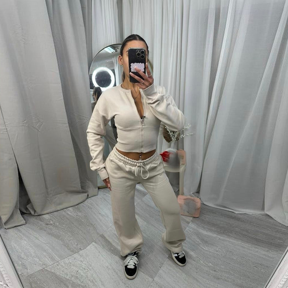 Damen cropped Kapuzenjacke und entspannte Jogginghose Set Drune