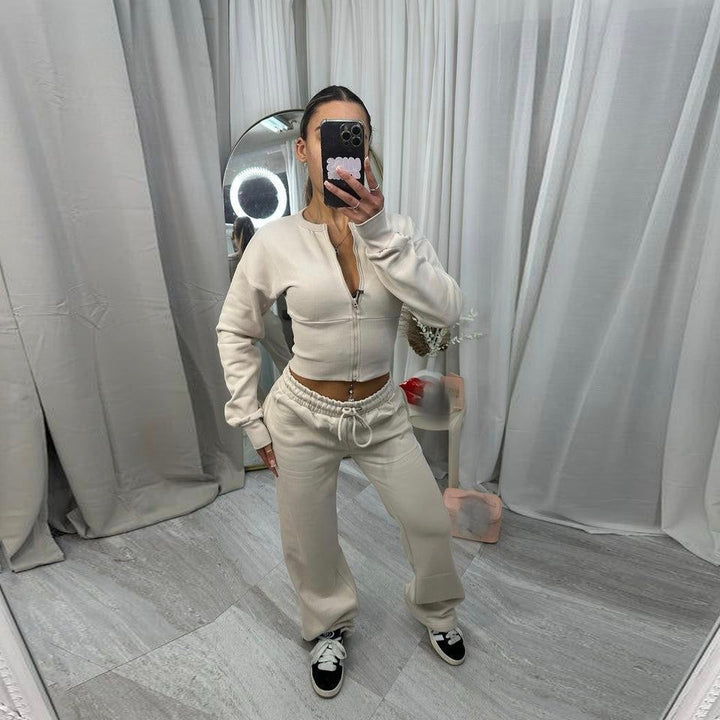 Damen cropped Kapuzenjacke und entspannte Jogginghose Set Drune