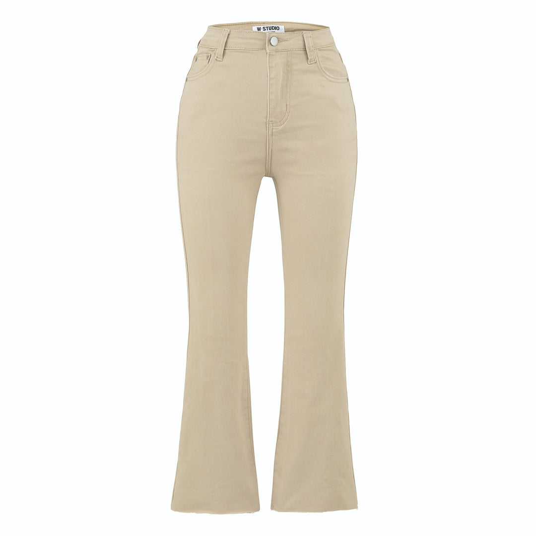 Damen Highwaist-Schlaghose aus Stretch-Denim mit fünf Taschen und rohem Saum Drune