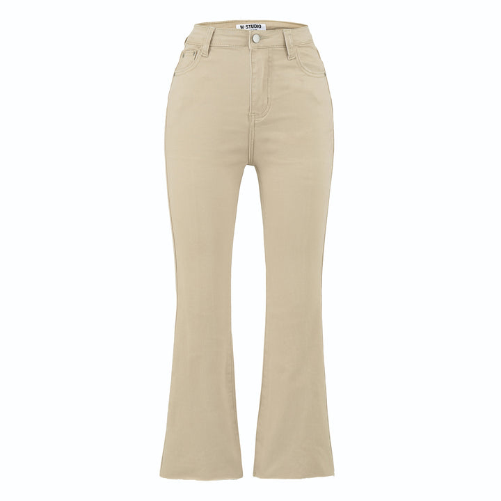 Damen Highwaist-Schlaghose aus Stretch-Denim mit fünf Taschen und rohem Saum Drune