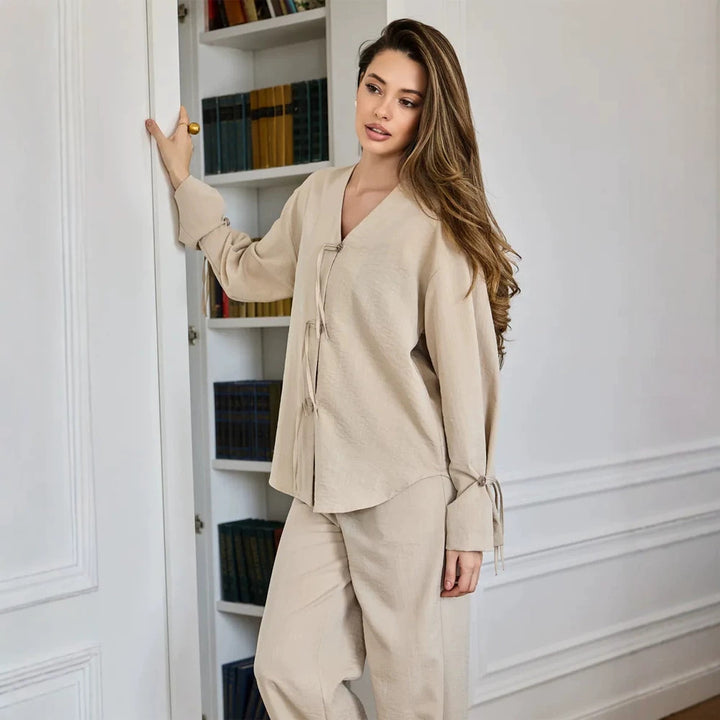 Damen Lässiges Lounge-Set mit V‑Ausschnitt, Knopfleiste und Zugbändern Drune