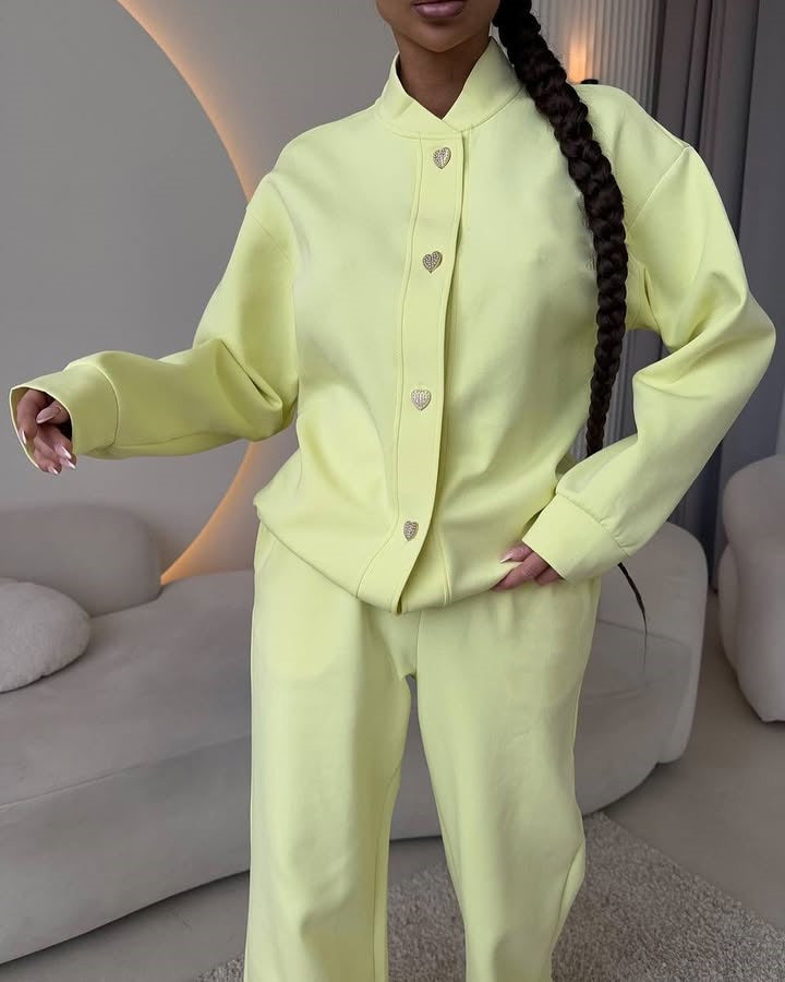 Damen Zweiteiliges Loungewear-Set mit Stehkragen, dekorativen Schmuckknöpfen und weitem Palazzo-Hosenbein Drune