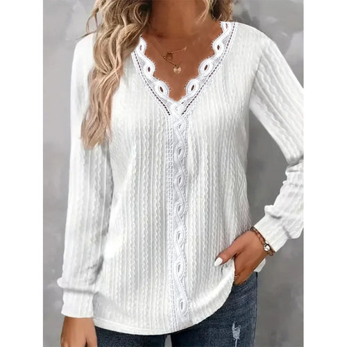 Damen Langarm Bluse mit eleganten Spitzenakzenten und strukturiertem Design Drune