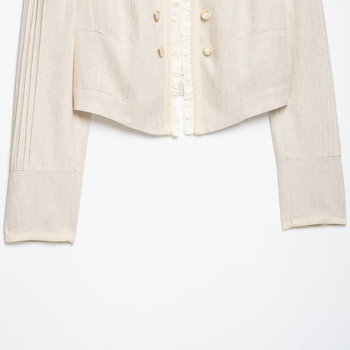 Damen Cropped Jacke mit Stehkragen, Biesenärmeln und Rüschenblende Drune