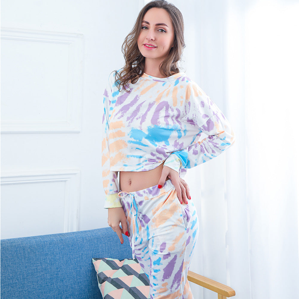 Damen Zweiteiliges Crop-Lounge-Set mit Batikprint, Oversize-Sweatshirt und Kordelbund-Jogger Drune