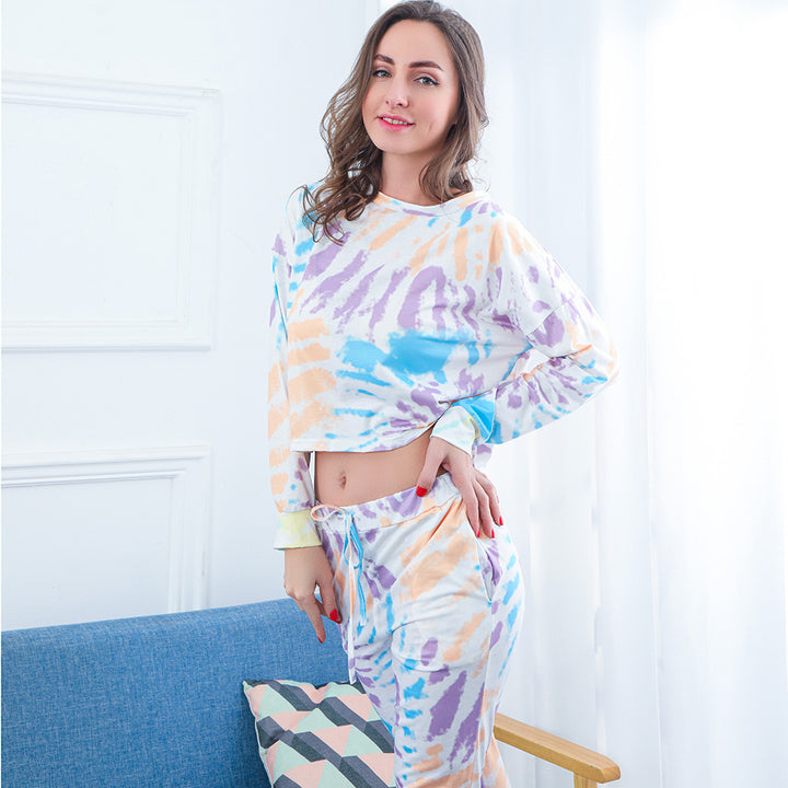 Damen Zweiteiliges Crop-Lounge-Set mit Batikprint, Oversize-Sweatshirt und Kordelbund-Jogger Drune