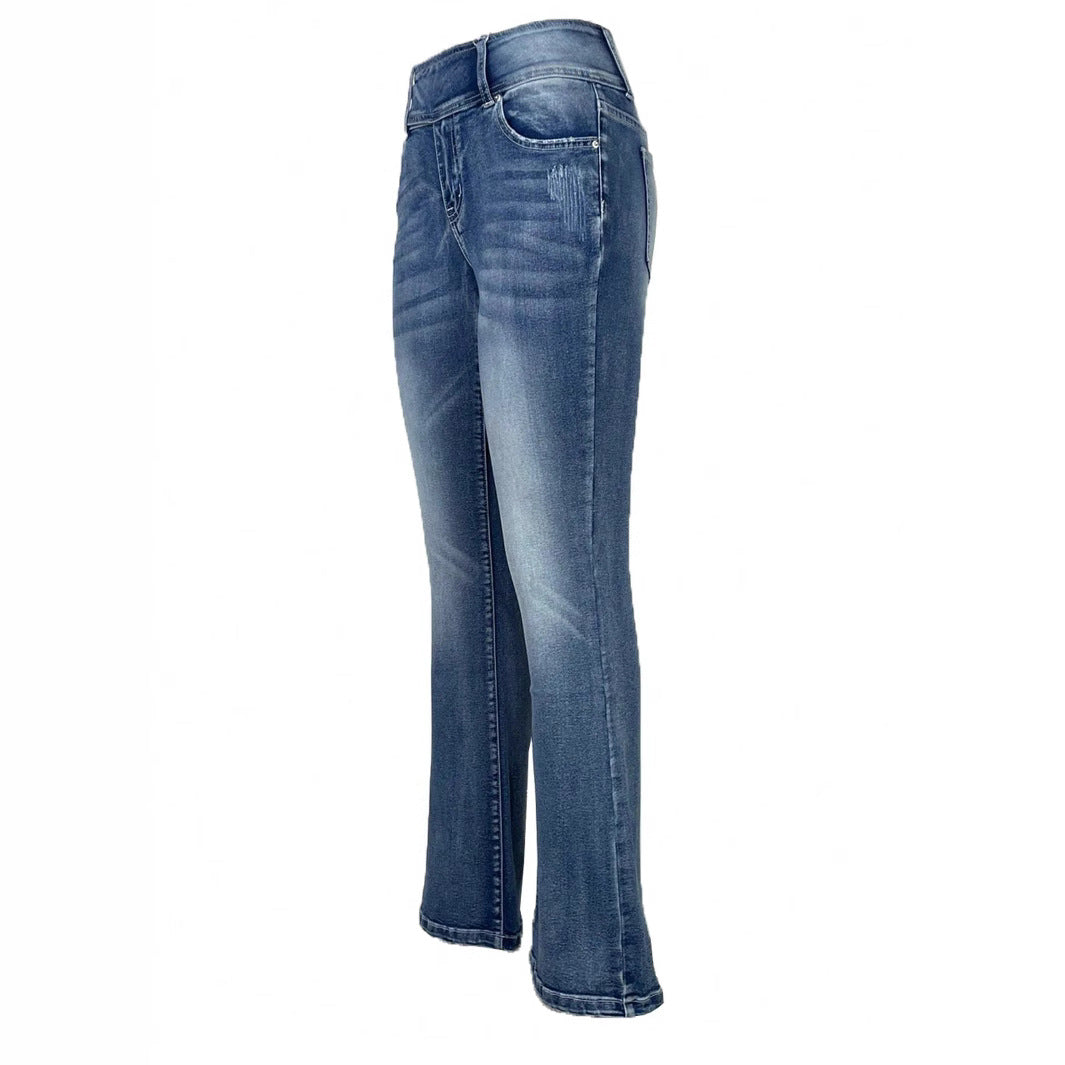 Damen hochtaillierte Flared-Jeans mit seitlicher Ziernaht und sculptendem Stretchbund Drune
