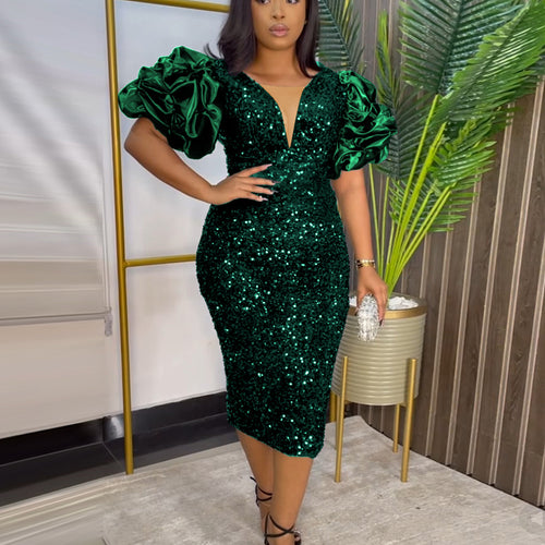 Damen Glamouröses Partykleid mit funkelnden Pailletten und voluminösen Ärmel Drune