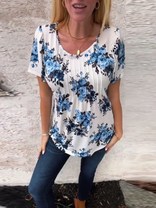 Damen nan locker geschnittenes Kurzarm-Blusenshirt mit Kellerfalten und floralem Druck Drune