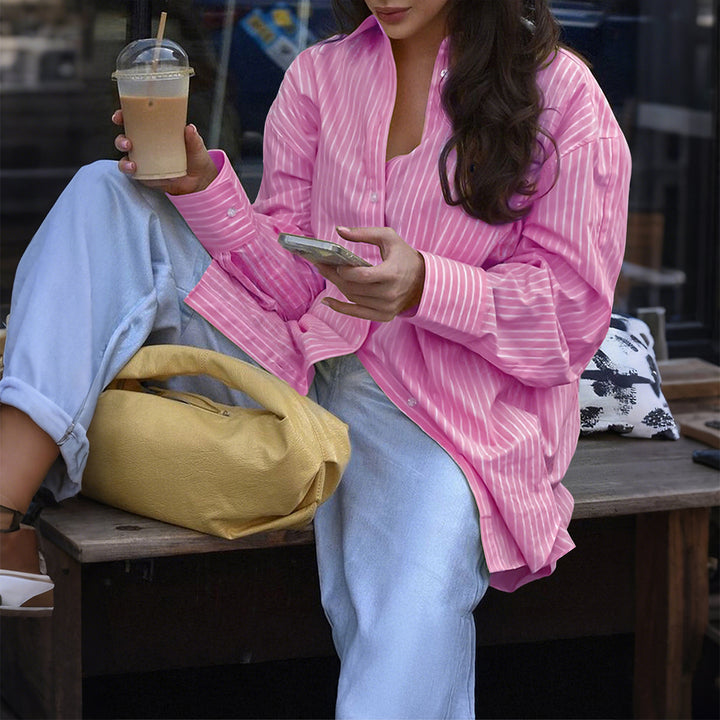 Damen nan oversized gestreifte Hemdbluse mit verlängertem Rückteil und extraweiten Manschetten Drune
