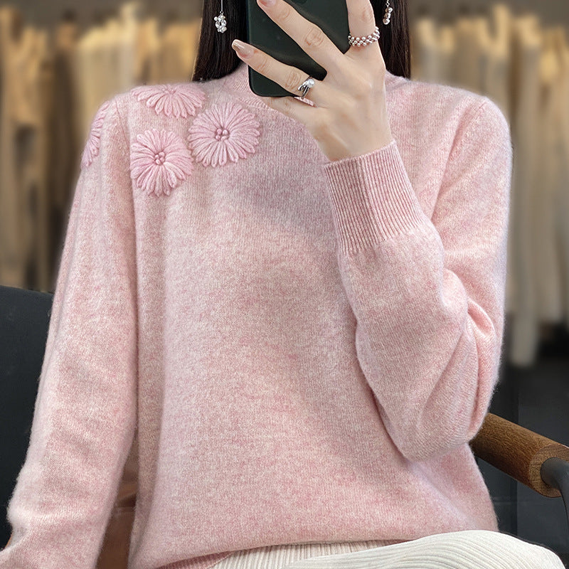Damen Weicher Feinstrickpullover mit kurzem Stehkragen, 3D‑Blütenapplikation und gerippten Bündchen Drune